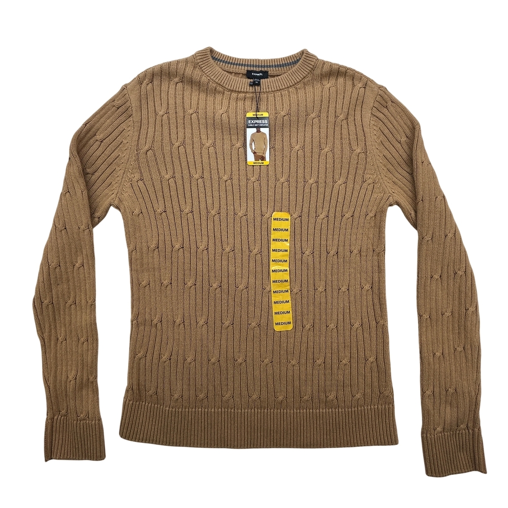 Express Sweater Mens Medium Cable Knit Crewneck Tan Pullover New Classic Style